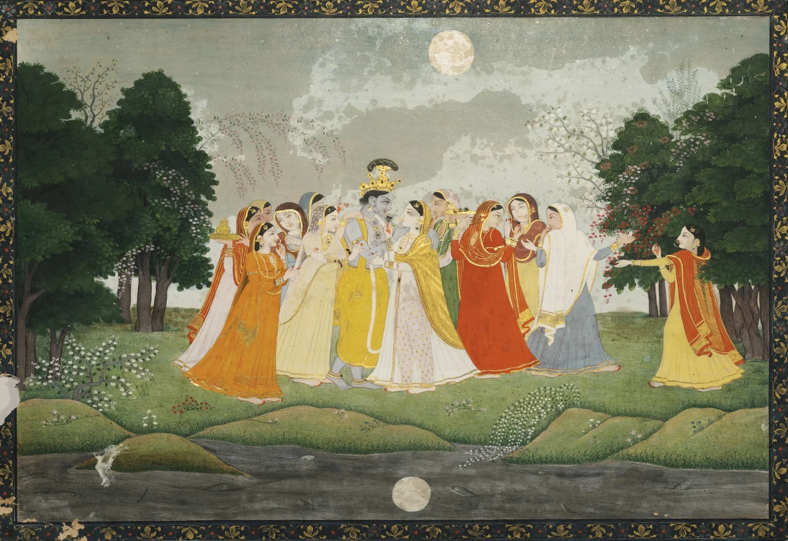 Our true home is the abode of God, known to Gaudiya Vaishnavas as Vrindavan. Vrindavan is a realm of twelve forests, teeming with trees, flowers, and vibrant wildlife, where God's closest companions—his friends, family, and beloved—reside. In this image, God is shown in one of these sacred forests, surrounded by his joyful girlfriends who, after searching, have found him once again.