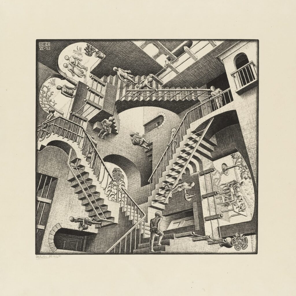 M.C. Escher's Relativity explores the complexity of perspective, revealing how our perception of reality can be distorted. The artwork's impossible architecture and shifting gravity challenge the viewer to question the nature of space and direction, demonstrating that what we perceive as logical may, in fact, be an illusion.